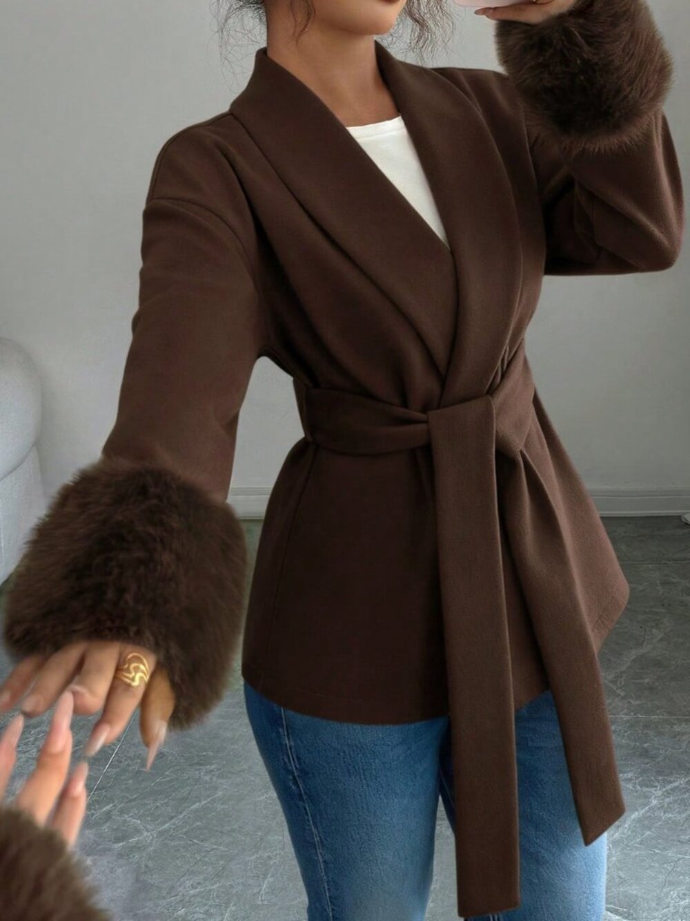 Coffee Brown Casual Women's Faux Fur Trim Tie-Front Collared Long Sleeve Coat